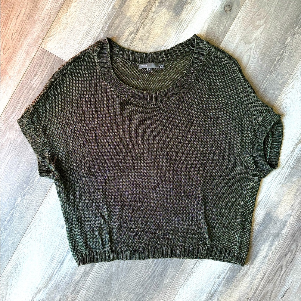 Vince Metallic Olive Mesh Top